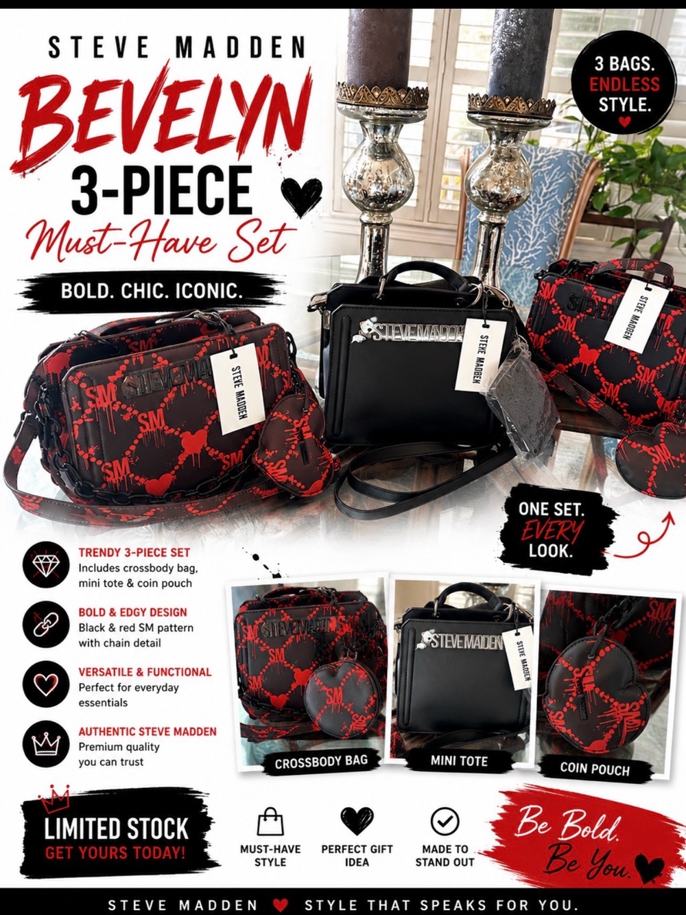 Steve Madden Black & Red 3-Piece Bag Set